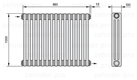 Схема (чертеж) Радиатор Zehnder Charleston 3100/15 №1670 Белый глянцевый RAL 9016